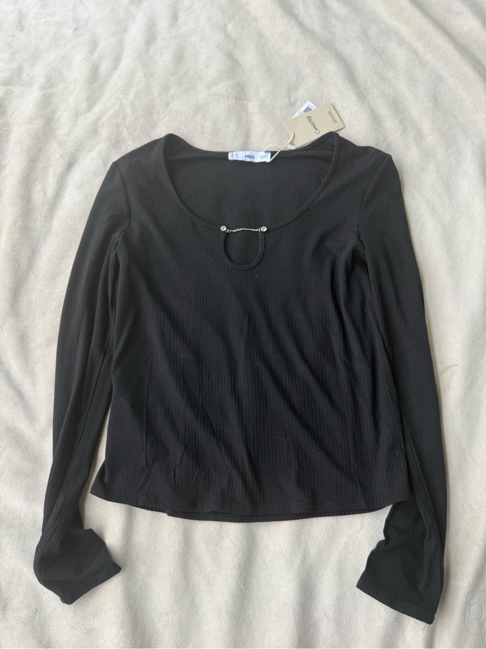 Mango Black Long-Sleeve Ribbed Scoop Neck Top with Ring Accent